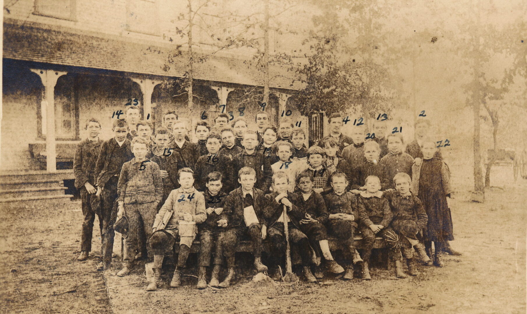 School Humphries Children attended, circa 1889.  Numbers written on this photo, probably by Dora Humphries.
1.. Joseph W. Humphries, 2. John D. Humphries, 3. Dora Humphries, 4 J. R. Hardwick, 5 Ned Todd, 6. Mattie Lowe, 7. Arthur Terrell, 8. Lizzie Todd, 9. Pat Patterson, 10. Minnie Harrison, 11. Lillie Lindley, 12. Maggie Lane, 13. Fannie Belle Campbell, 14. Paul Griffin, 15. Ed Griffin, 16. John Lowe, 17. Sallie Lowe, 18. Bertha Todd, 19. Annie Lowe, 20. Eva Sims, 21. Otelia Patterson, 22. Kate Hope, 23. Gus Jones, 24. Morton Butler, 25. Cesie Terrell.  Also: Fedna Holland, Maggie Lowe, and Will Harrison.
